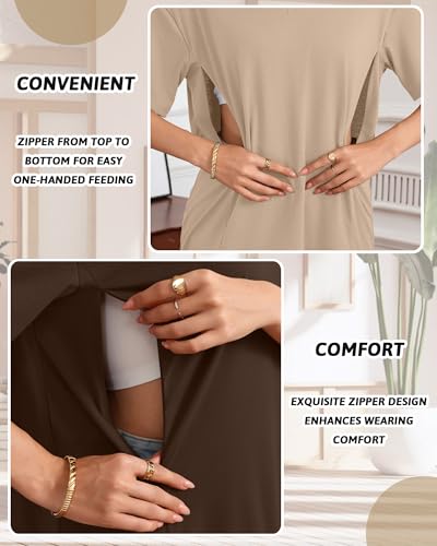 3 Pack Women's Oversize Nursing Shirts - color: Cream, Khaki, Dark Brown, size: Medium