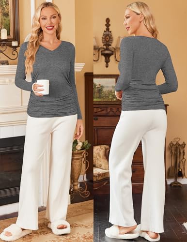 Ekouaer Womens Maternity Shirts Long Sleeve 3 Packs V-Neck Pregnancy Tops - color: 4pcs-black/Dark Grey/Light Grey/White, size: Medium