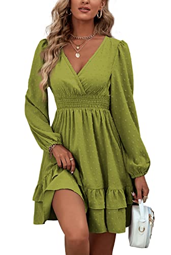 Rooscier Women's Wrap V Neck Swing Ruffle Swiss Dots Long Sleeve Mini Dress - color: Grass Green, size: Small
