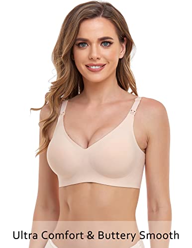 Vinfact Smooth Nursing Bras for Breastfeeding Seamless Maternity Bras for Pregnancy Wireless Bralette with Extra Bra Extender - color: Beige, size: Medium