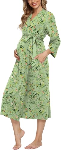Xpenyo Women's Maternity Sleepwear,Labor/Delivery/Nursing/Hospital Nightgown Kimono Robes Long Pregnancy Loungewear - color: Green White Floral, size: Small