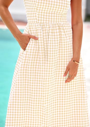 PRETTYGARDEN Women's Summer Gingham Maxi Long Dress - color: Beige, size: Small