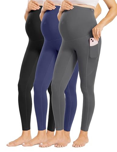 Enerful Maternity Leggings for Women - color: 3pack Black/Gray/Navy, size: Large