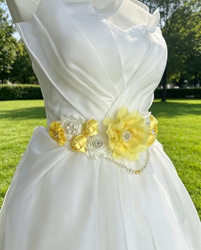 Handmade Baby Shower Sash Pearls Maternity Sash Flower Belt - color: Yellow