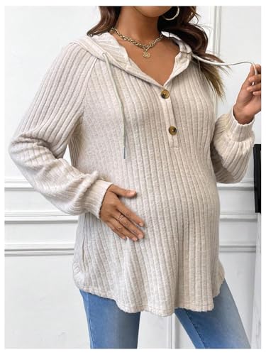 BEAUDRM Women's Maternity Half Button Sweatshirts Long Sleeve Ribbed Knit Pregnancy Shirt Spring Clothes - color: Khaki, size: Large