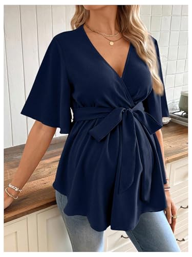 MakeMeChic Women's Maternity Nursing Blouse Wrap Belted Pregnancy Shirt - color: Dark Blue, size: Medium