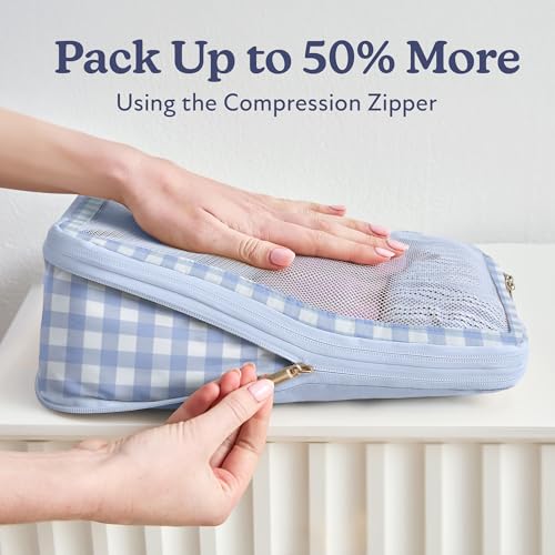 Vandel Compression Packing Cubes, Travel Organizer Bags for Luggage, 8-Pack - color: 1. Blue Gingham, size: 8 Pack (4 Cubes + 4 Travel Bags)