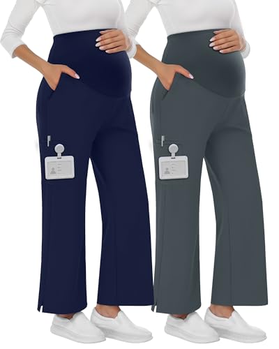 2 Pack Women's Maternity Scrub Pants with 6 Pockets - color: Dark Grey, Navy Blue, size: Large