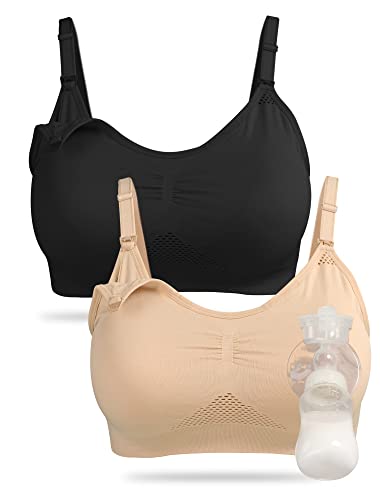 4HOW Pumping Bra Hands Free Pumping and Nursing Bra All in One - color: Black+beige, size: Large