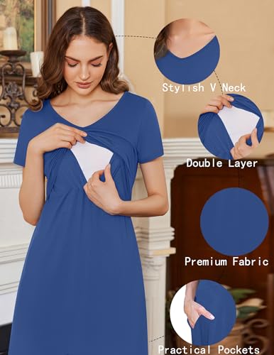 Ekouaer Womens Nursing Dress Breastfeeding Summer V Neck Maternity Dresses - color: Dark Blue, size: Medium