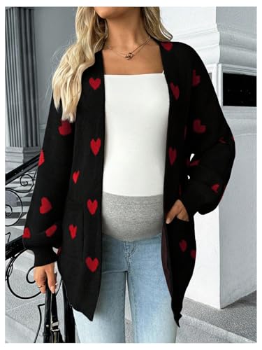 MakeMeChic Women's Maternity Heart Sweater Cardigan Fall Winter Clothes - color: Black and Red, size: Medium