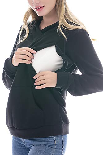 Smallshow Women's Fleece Maternity Nursing Sweatshirt Hoodie Kangaroo Pocket - color: Black, size: Large