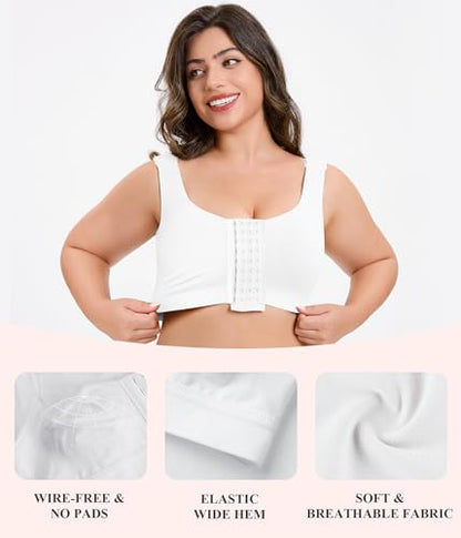 CYDREAM Wireless Front Closure Bra for Women Compression Back Smoothing Post Surgery Bra Adjustable Straps - color: White, size: Medium