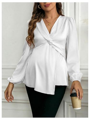 MakeMeChic Women's Maternity Shirts Blouse Satin Work Clothes Babydoll Tops - color: White, size: Medium