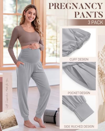 Neer 3 Pack Maternity Joggers Lounge Sweatpants with Pockets - color: Black, Dark Gray, Light Gray, size: Medium