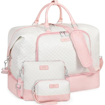 TIBES Travel Weekender Bag for Women, Overnight Bag with Shoe Compartment - color: Pink White 3pcs