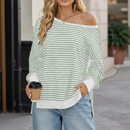 Fall Tops for Women 2026 off Shoulder Striped Top Long Sleeve Pullover Tops - color: Green, size: Large