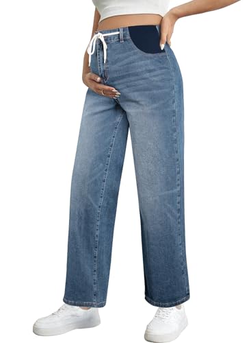 BLENCOT Maternity Jeans High Waisted Drawstring Straight Leg Denim Pants - color: Bluing, size: Small