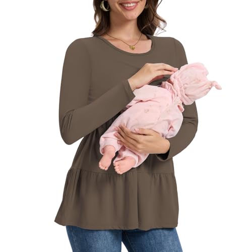 Bearsland Long Sleeve Nursing Top - color: Black & Iron Gray & Tea Brown, size: XX-Large