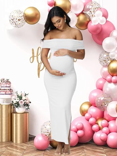 Women's Maternity Mesh Off Shoulder Party Long Dress Baby Shower - color: White, size: Medium
