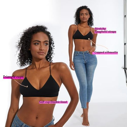 Seamless Bra for Women Low Back Bralette Wirefree Spaghetti Bra with Padded Removeable - color: Black, size: Medium