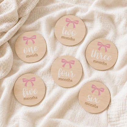 Kate & Milo Wooden Baby Monthly Milestone Discs, Pink Bow Design