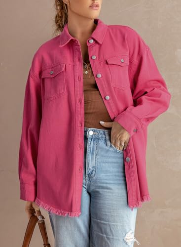 Dokotoo Womens Button Down Oversized Distressed Boyfriend Jean Jacket - color: A Hot Pink, size: Medium