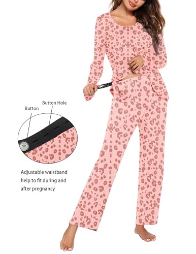 Ekouaer Maternity Nursing Pajama Set Long Sleeve Breastfeeding Sleepwear - color: Leopard Pink, size: Large