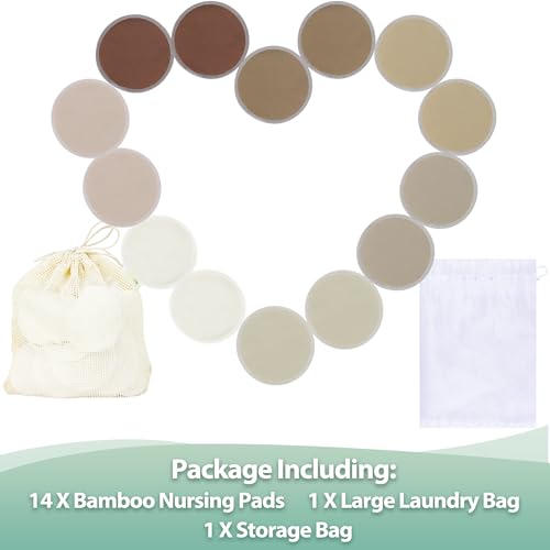 wegreeco Nursing Breast Pads (14 Pack) + Laundry Bag & Travel Storage Bag, 4.7 inch - Washable & Reusable Breastfeeding Nursing Pads (Brown, Plain Shape) - color: Brown, Plain Shape, size: Large
