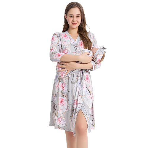 Galabloomer Maternity Robe and Receiving Blanket, Matching Mommy Labor Robe - color: Gray, size: Medium