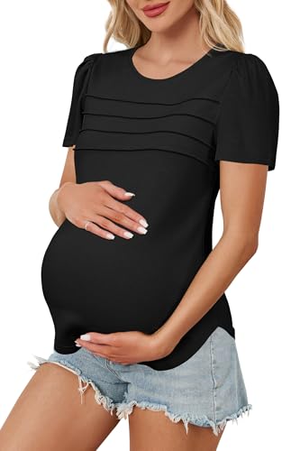 OUGES Womens 2026 Maternity Tops Shirts Pleated Short Sleeve Crew Neck Tunic Summer Casual Pregnancy Clothes - color: Black, size: Large