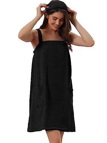 cheibear Women Terry Towel Dress Wrap Bathrobe with Pockets Headband - color: Black, size: Small
