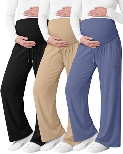 3 Pack Women's Maternity Casual Pants - color: Haze Blue, Khaki, Black, size: Small