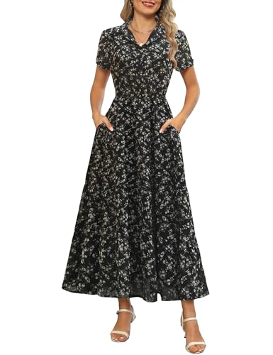 Kranda Women 2026 Summer Collared V Neck Short Sleeve Button Down Chiffon Long Tiered Floral Maxi Dress with Pockets - color: Black Floral, size: Small