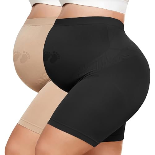 Maternity Shapewear for Under Dresses Over Belly Pregnancy Underwear Mid-Thigh High Waist Shorts Panties for Baby Shower - color: 1*black+1*nude, size: Medium