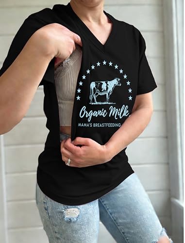 Nursing Shirts for Breastfeeding Women Zipper Maternity Graphic Tee - color: Black, size: Small