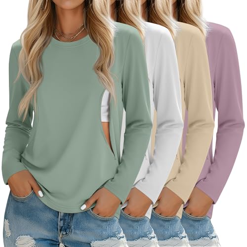 4 Pack Nursing Breastfeeding Tops with Hidden Zipper - color: Mint Green, Light Yellow, White, Light Purple, size: Medium