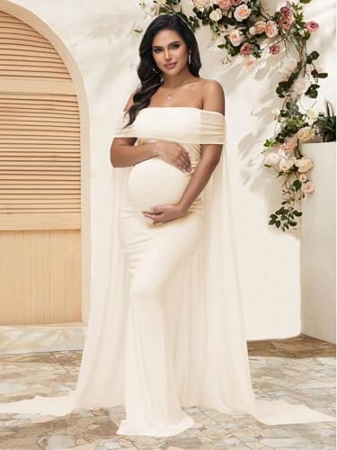 Maternity Mesh Off Shoulder Chiffon Cloak Maxi Photoshoot Dress - color: Beige, size: Medium