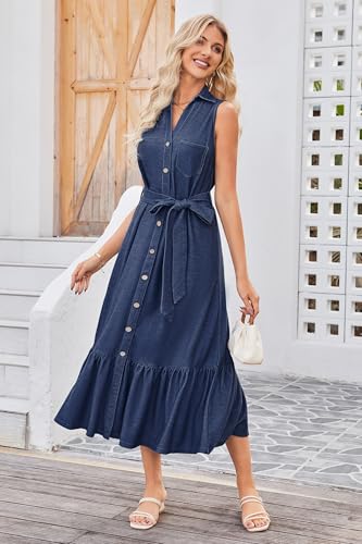 OUGES Womens 2025 Spring Maternity Dress Polo V Neck Sleeveless Ruffle Button Pregnancy Casual Work Dress with Pockets - color: Navy Blue, size: XX-Large
