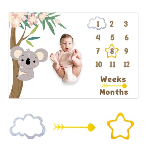 Cute Climbing Koala Baby Monthly Milestone Blanket Cartoon Floral Tree