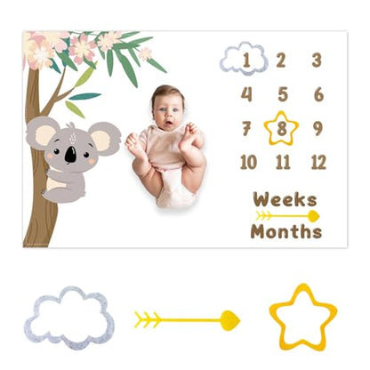 Cute Climbing Koala Baby Monthly Milestone Blanket Cartoon Floral Tree