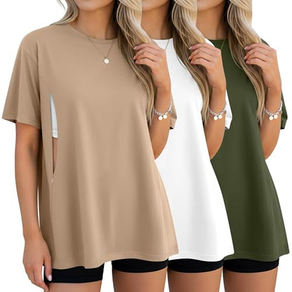 3 Pack Women's Oversize Nursing Tops - color: Khaki, White, Army Green, size: Small