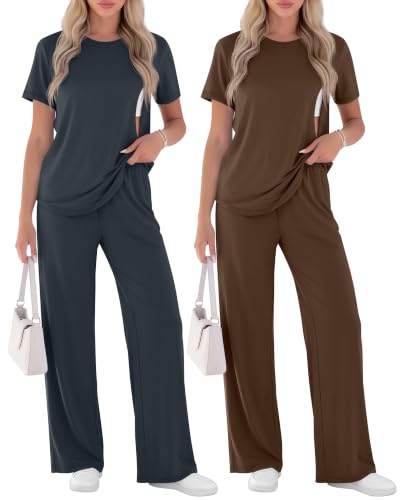 Ficerd 2 Pack Maternity Nursing Pajama Breastfeeding Sets Pjs - color: Dark Blue, Brown, size: Large