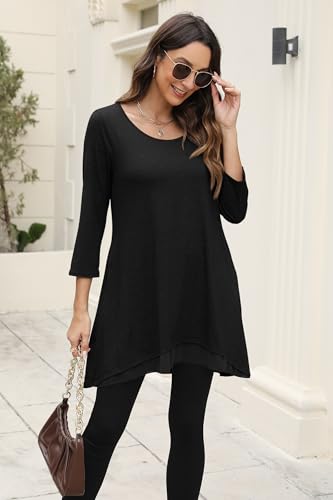 Poetsky Womens 3/4 Sleeve Tunic Tops for Leggings Long Shirts with Pockets - color: Black, size: Large