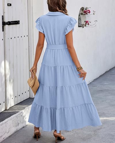 dowerme Women Ruffle Sleeve Button Belted Boho Maxi Dress - color: Sky Blue, size: Large