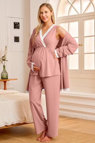 OUGES Womens Cotton Blend Maternity Nursing Robe Set 3 PCS Postpartum 3 in 1 Labor Delivery Hospital Pjs Tank Top & Pants - color: Pink, size: Small