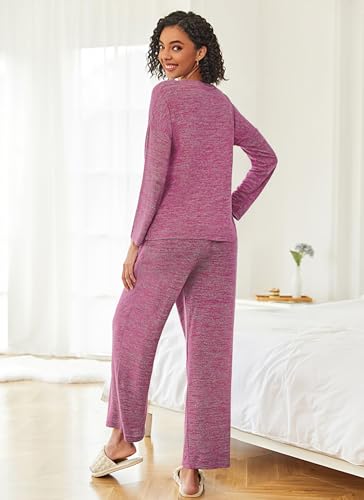 Ekouaer Womens Pajama Sets Button Up Long Sleeve Lounge Set Soft V Neck Pj - color: Rose Red, size: Medium