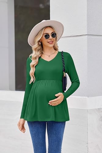 Ekouaer Maternity Shirts for Women Long Sleeve V Neck Fall Tops Clothes - color: Green, size: Medium