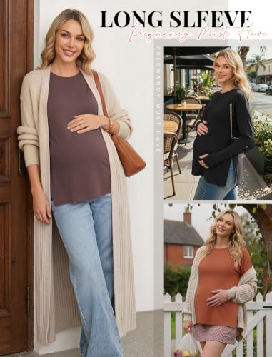 3 Pack Women Maternity Shirts Long Sleeve Pregnancy Tops with Thumb Hole - color: Black/Brown/Caramel, size: Small