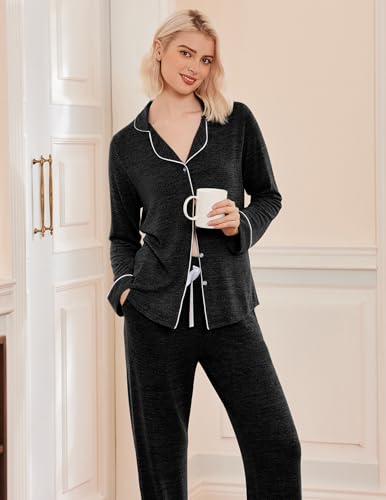 Ekouaer Women's Pajamas Long Sleeve Loungewear Casual Button Down Pjs - color: Black, size: XX-Large